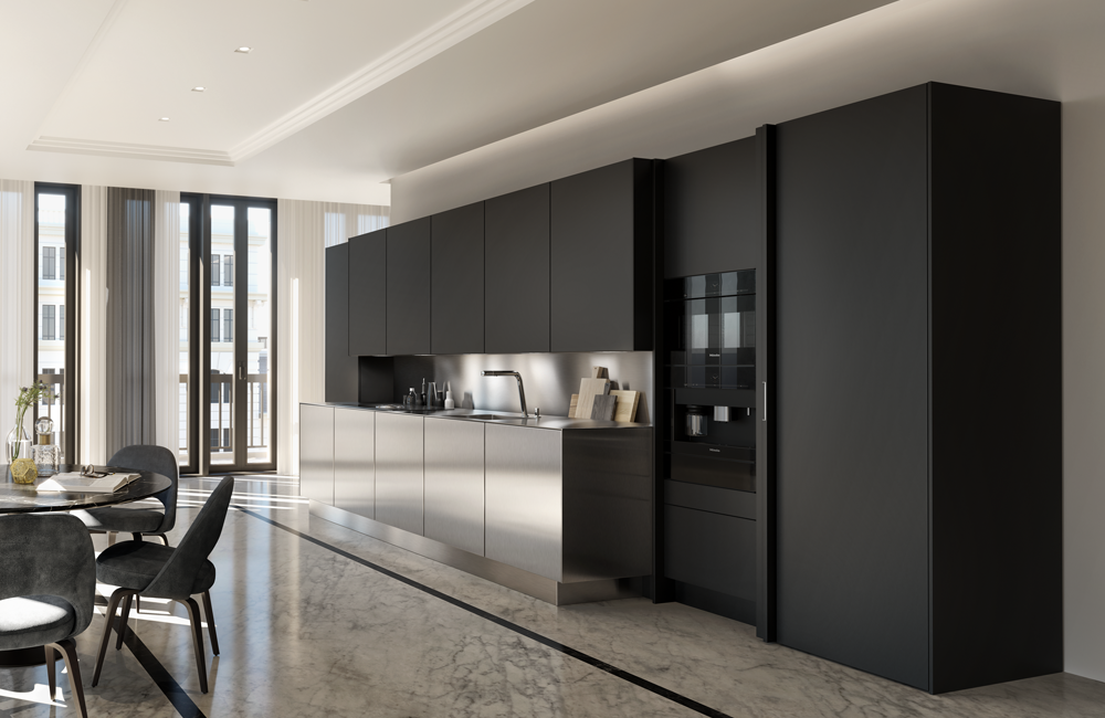 SieMatic PURE open plan kitchen in black and stainless steel